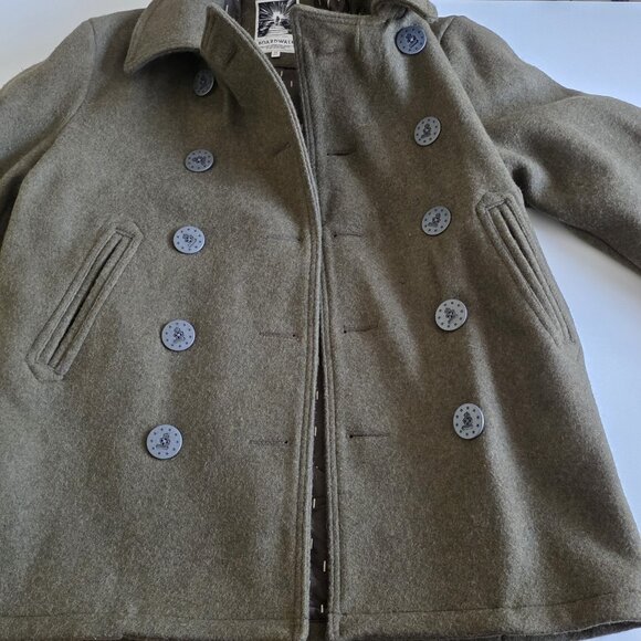 & Sons Heavy Wool Blend Peacoat Mens M Military Green Elbow Patches Storm Collar - Picture 13 of 16
